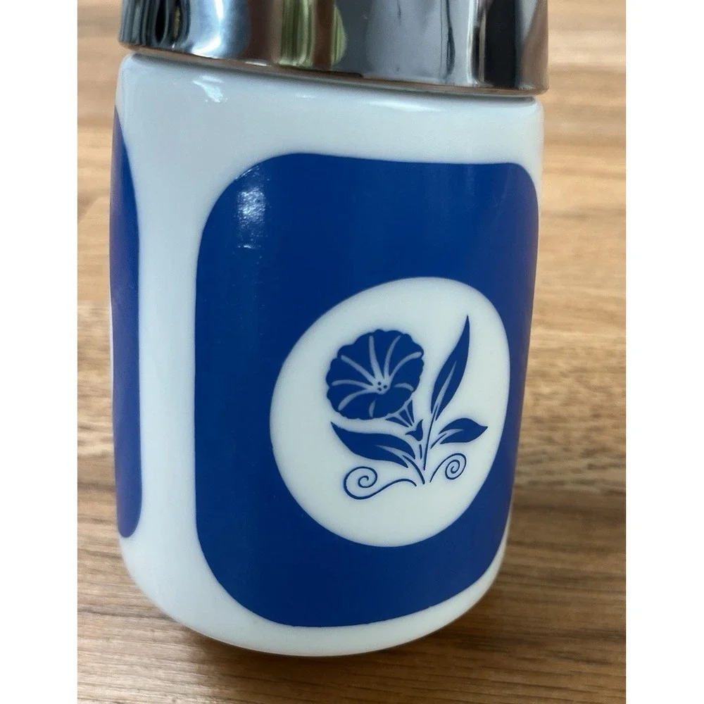 Vintage MCM Dispeners Inc Sugar Dispenser Milk Glass Blue Morning Glory